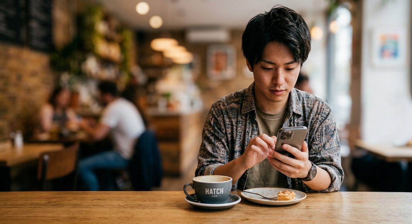 海外のカフェでスマホを操作する男性