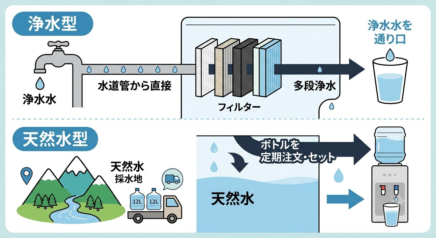 浄水型と天然水型の仕組み比較図